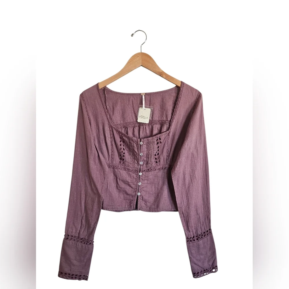 Free People Joi Bohemian Cotton Cropped Eyelet Blouse In Roan Rouge Size M NEW